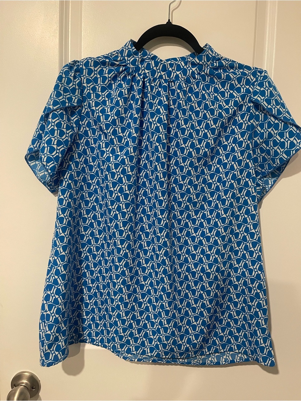 SHEIN Blue & White Geometric Mock-Neck Blouse
